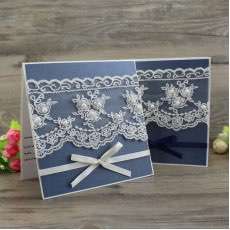 Lace  Card Handmade Invitation Dark Blue Wedding Invitation with Ribbon Bow